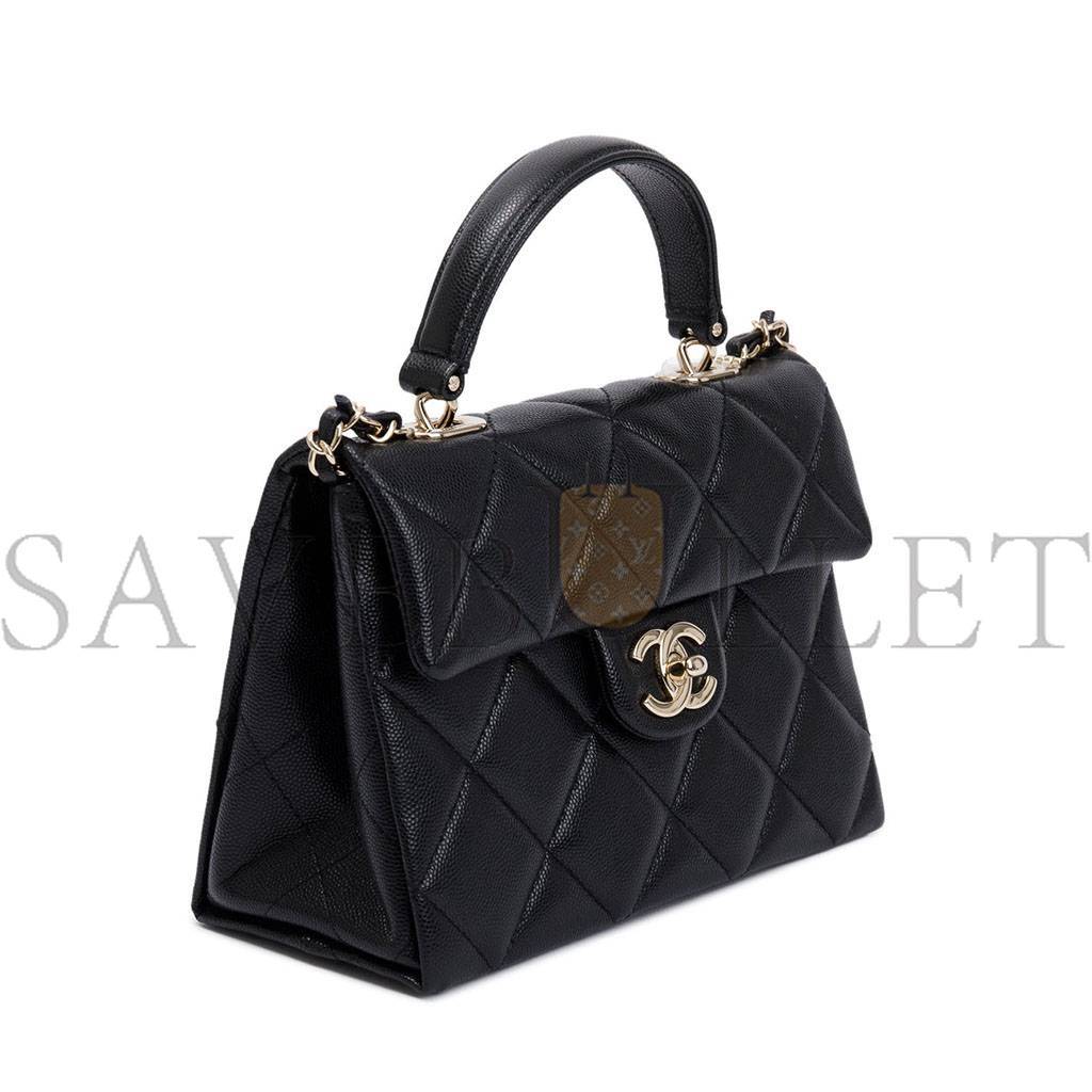 Ch*el master black quilted caviar leather kelly top handle flap bag (21*16*9.5cm)